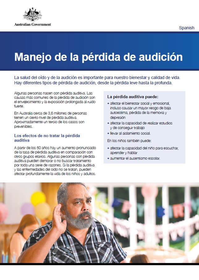 Managing hearing loss factsheet cover image in Spanish