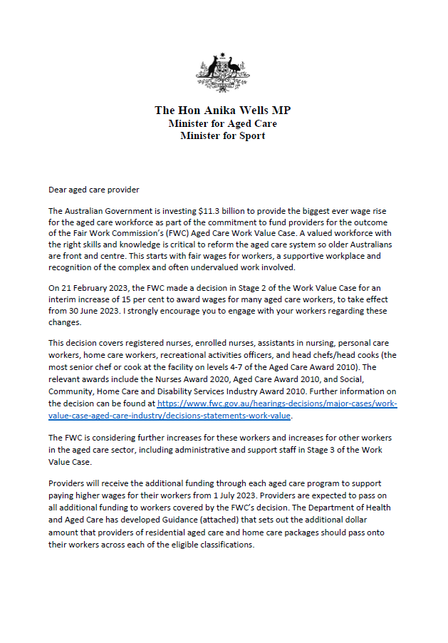 Minister Wells letter to providers with aged care worker wages – Guidance