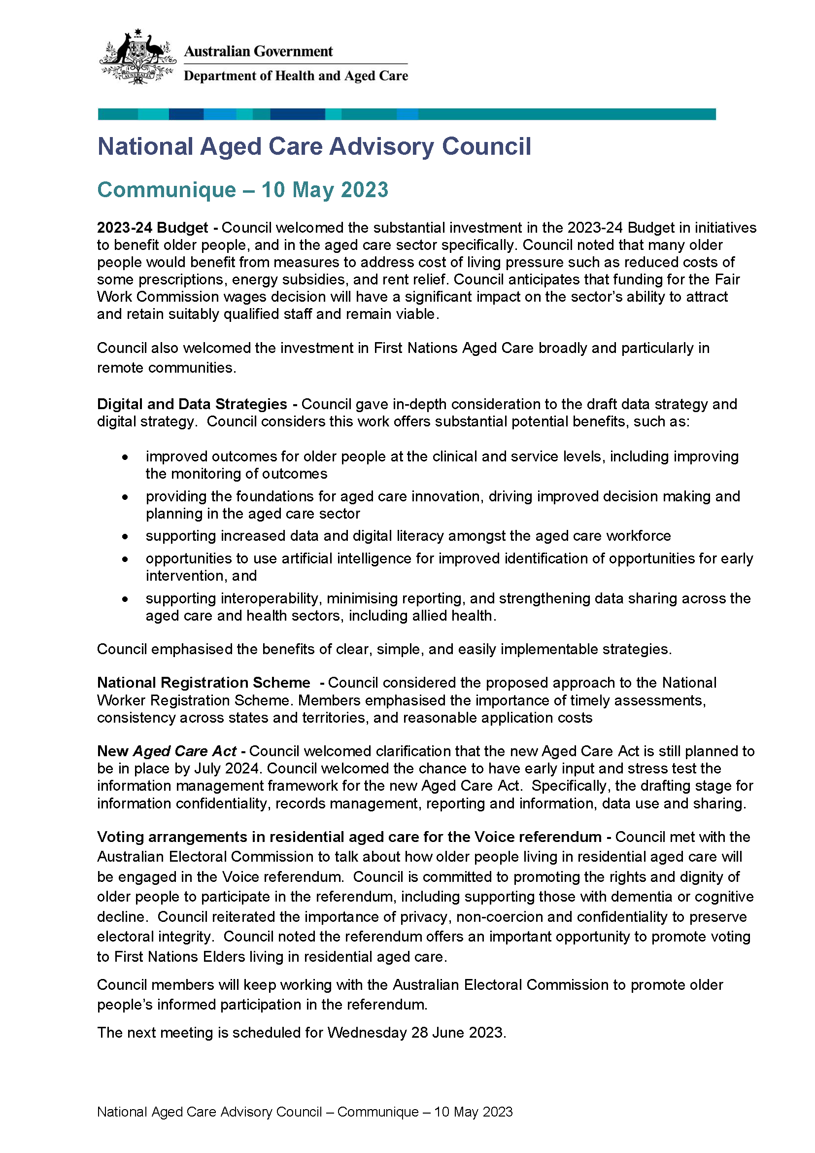 National Aged Care Advisory Council communique – May 2023