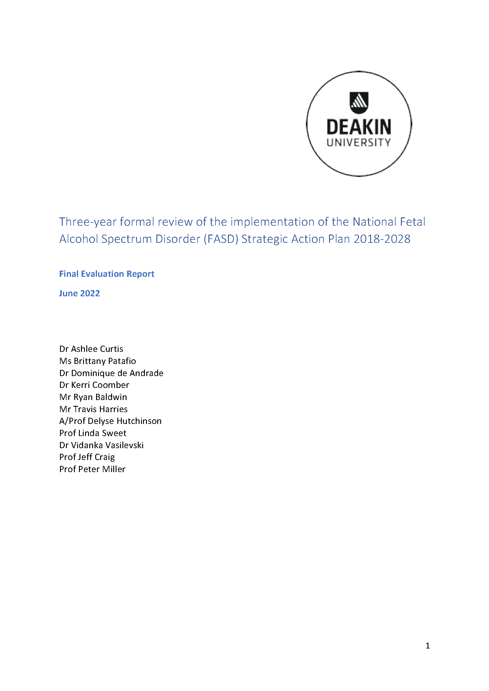 National Fetal Alcohol Spectrum Disorder (FASD) Strategic Action Plan 2018-2028 – Three-year implementation review