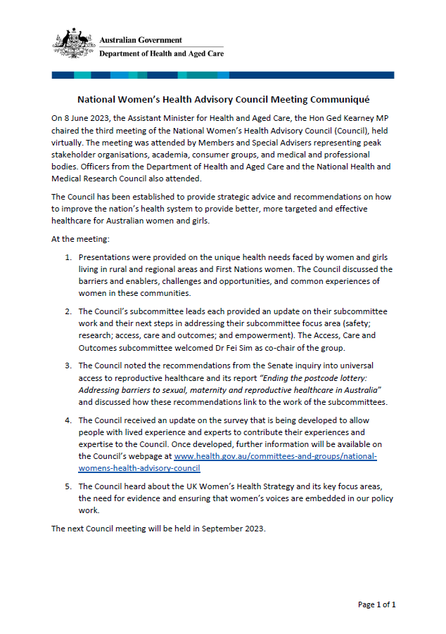 National Women’s Health Advisory Council communique – 8 June 2023