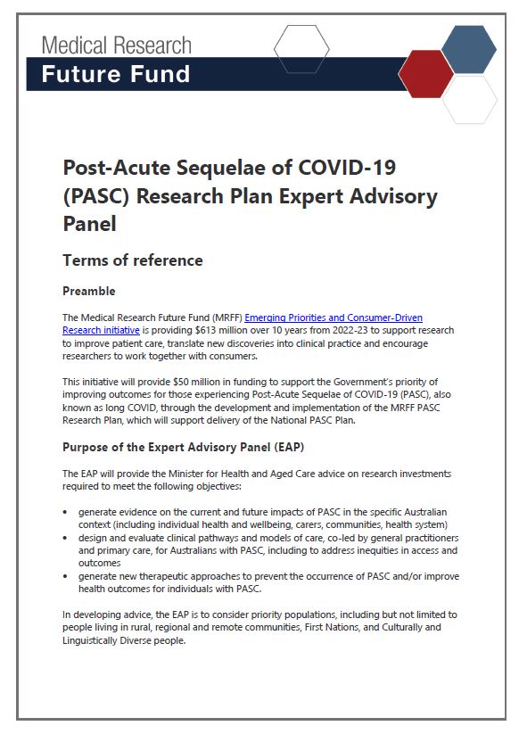 Post-Acute Sequelae of COVID-19 (PASC) Research Plan Expert Advisory Panel terms of reference