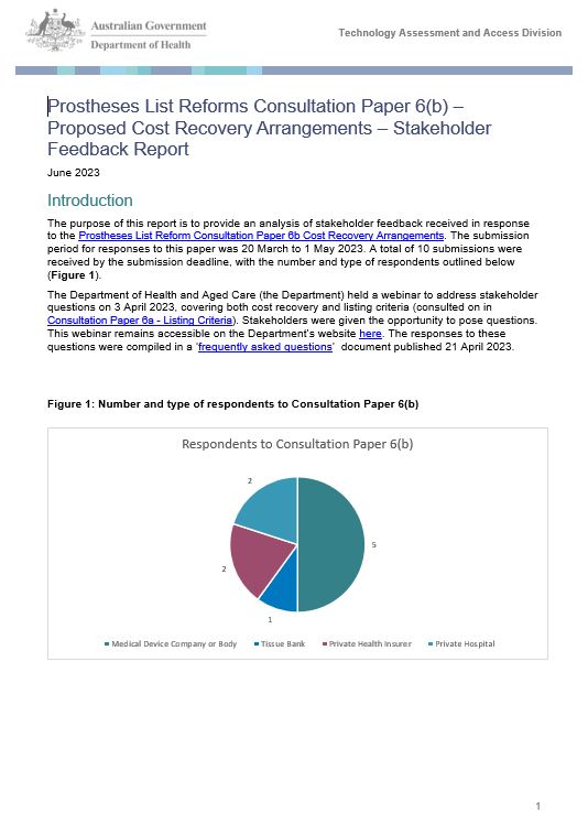 Stakeholder Feedback Report  - Prostheses List Reforms Consultation Paper 6(b) Proposed Cost Recovery Arrangements