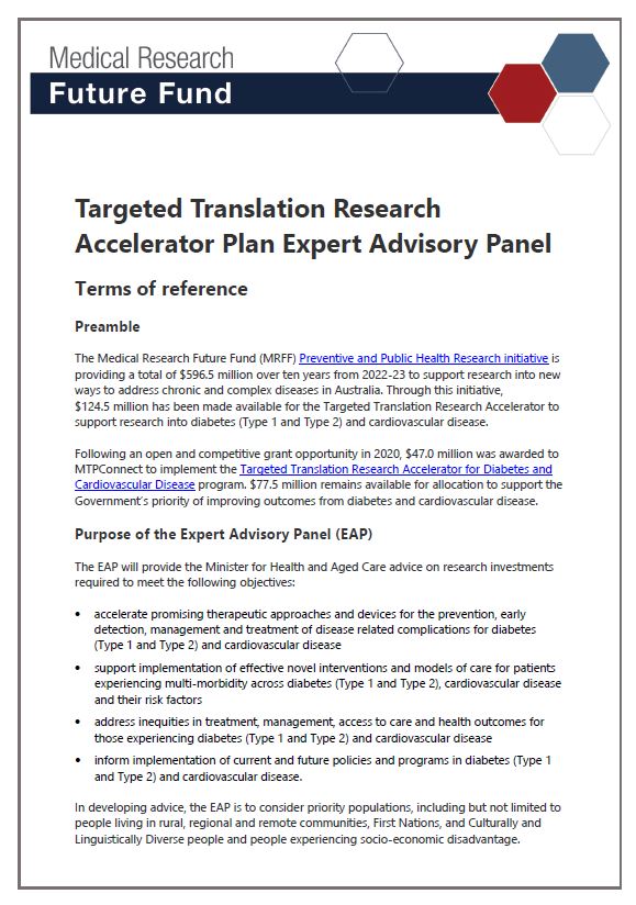 Targeted Translation Research Accelerator Plan Expert Advisory Panel terms of reference