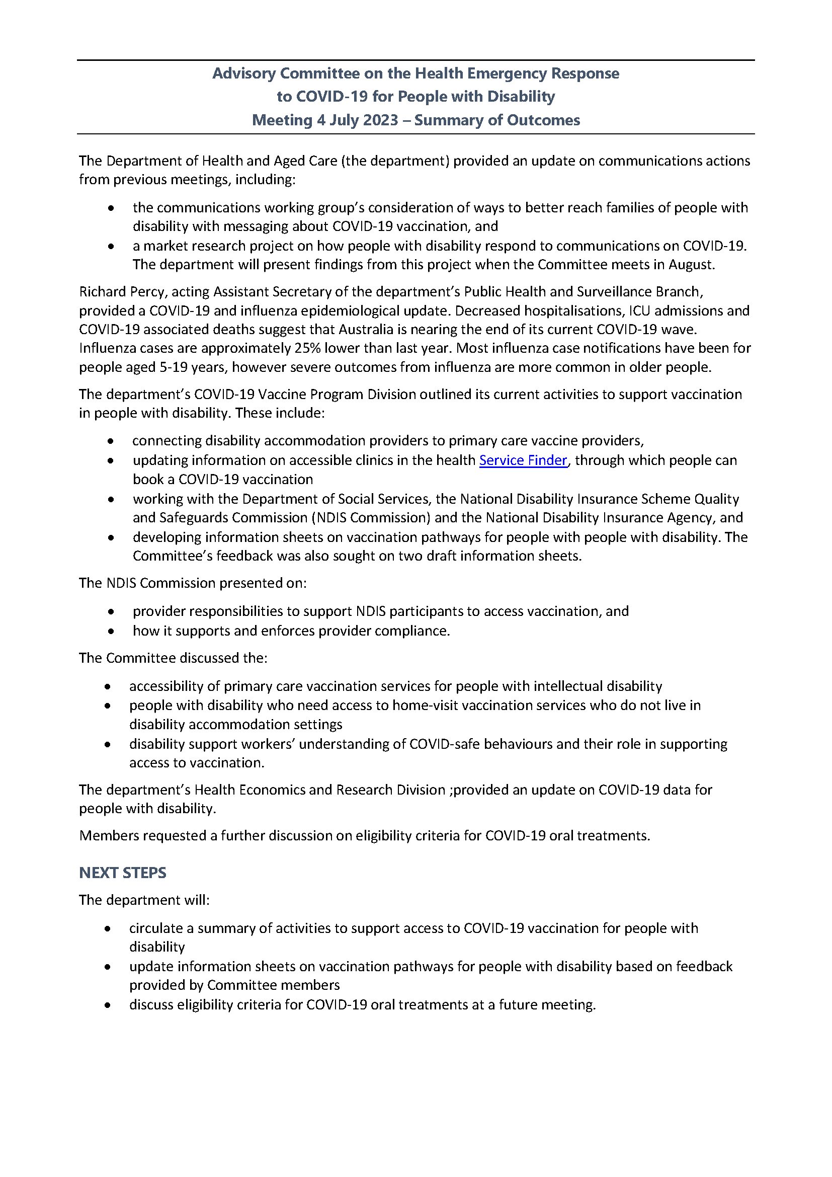 Advisory Committee for the COVID-19 Response for People with Disability – Summary of outcomes 4 July 2023