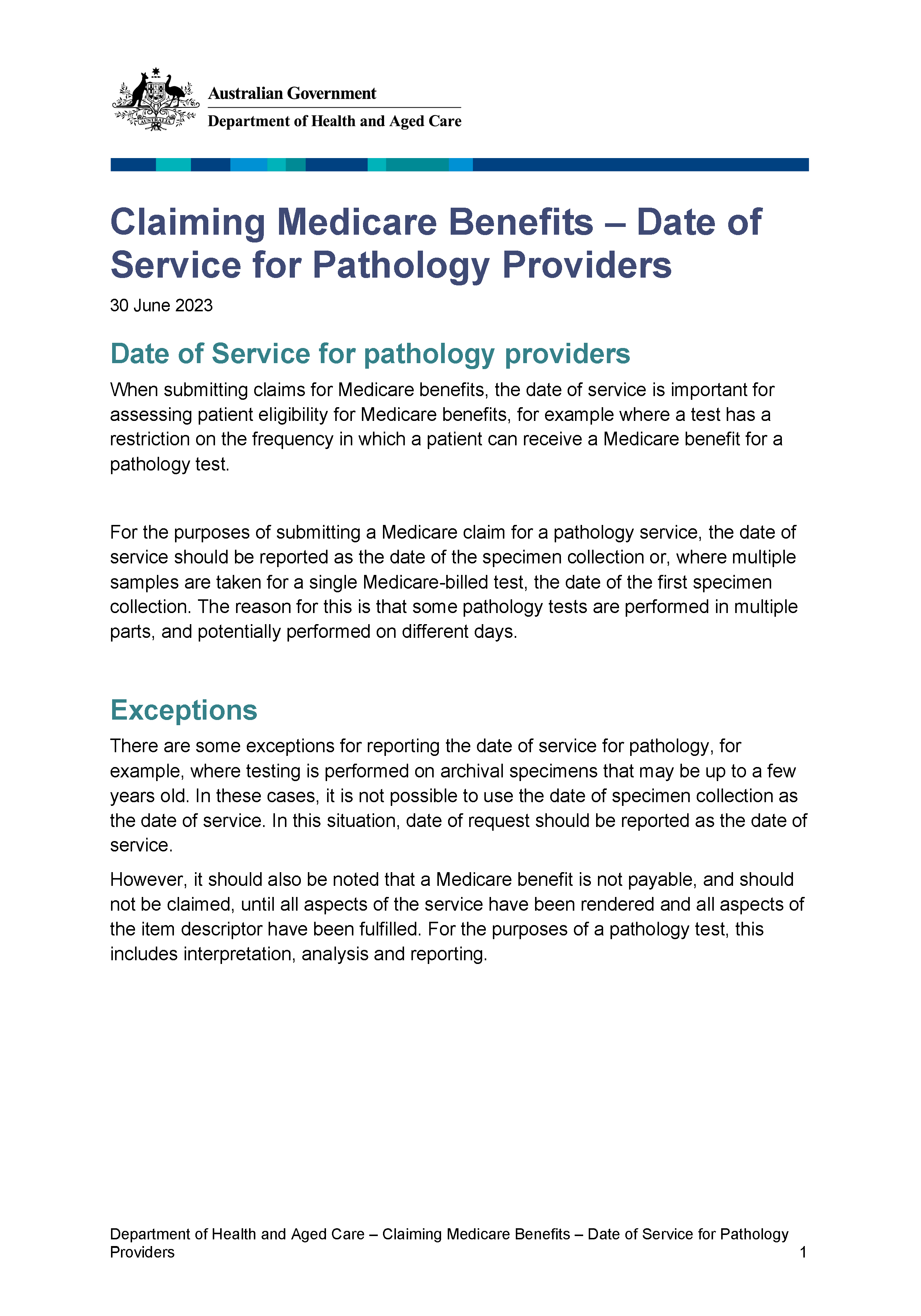 Claiming Medicare Benefits – Date of Service for Pathology Providers 
