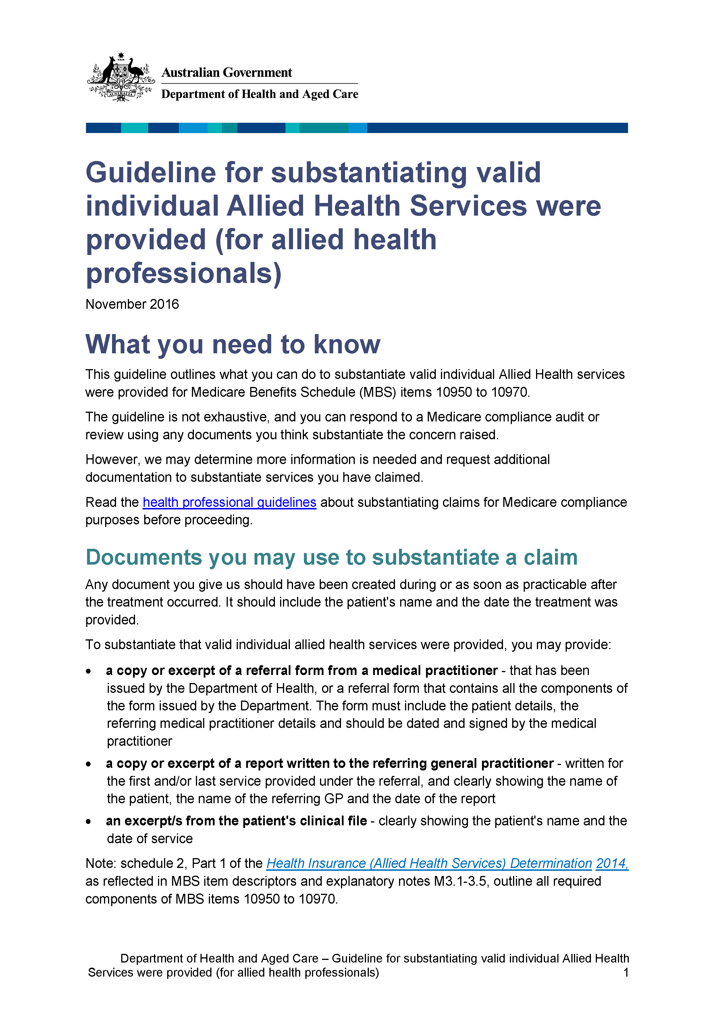 Guideline for substantiating valid individual Allied Health Services were provided (for allied health professionals)