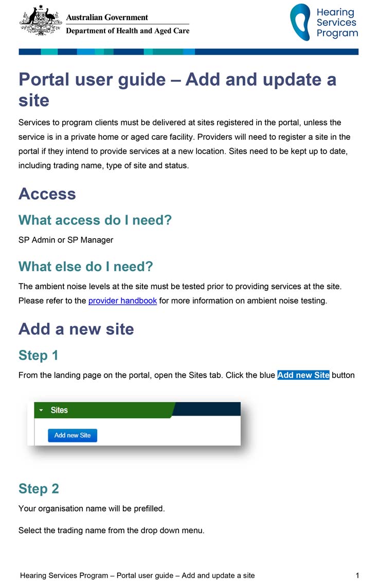 Hearing Services Program portal user guide – Add and update a site
