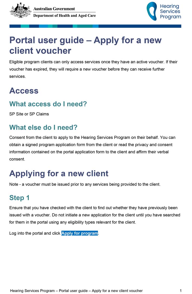Hearing Services Program portal user guide – Apply for a new client voucher