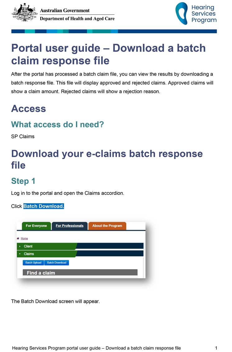 Hearing Services Program portal user guide – Download a batch claim response file
