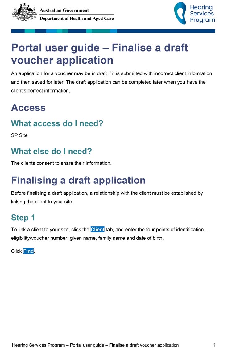 Hearing Services Program portal user guide – Finalise a draft voucher application