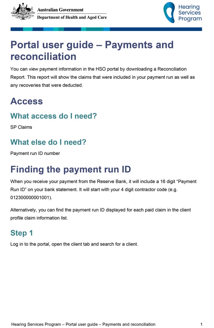 Hearing Services Program portal user guide – Payments and reconciliation