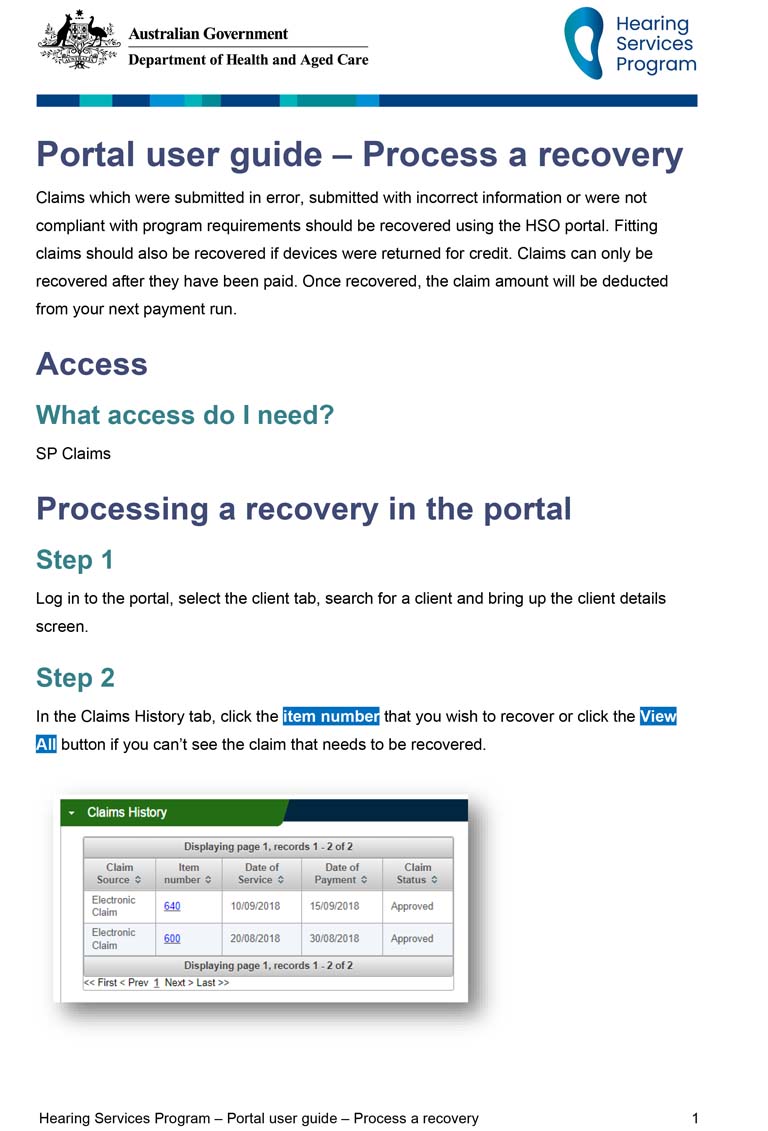 Hearing Services Program portal user guide – Process a recovery