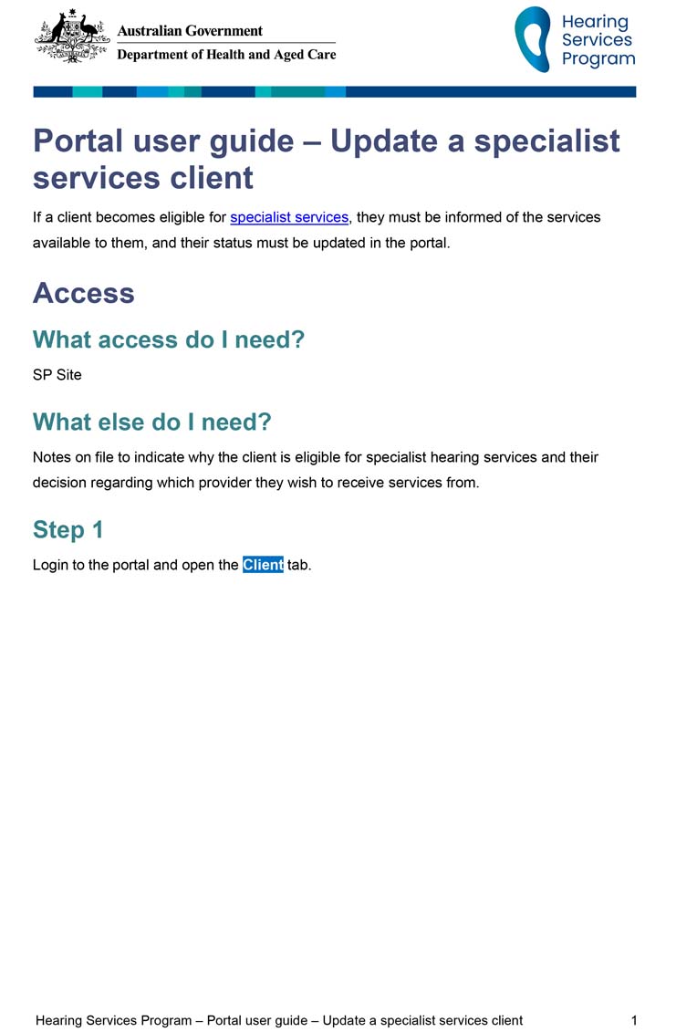 Hearing Services Program portal user guide – Update a specialist services client