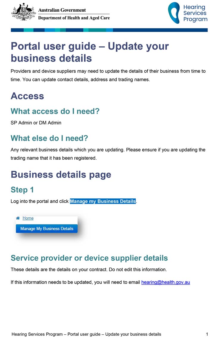 Hearing Services Program portal user guide – Update your business details