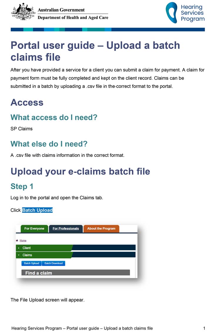 Hearing Services Program portal user guide – Upload a batch claims file