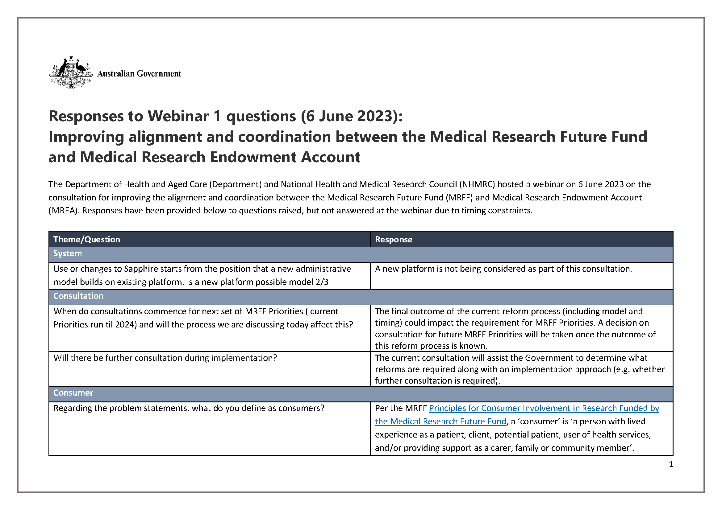 Improving alignment and coordination between the MRFF and MREA: Responses to webinar 1 questions (6 June 2023)