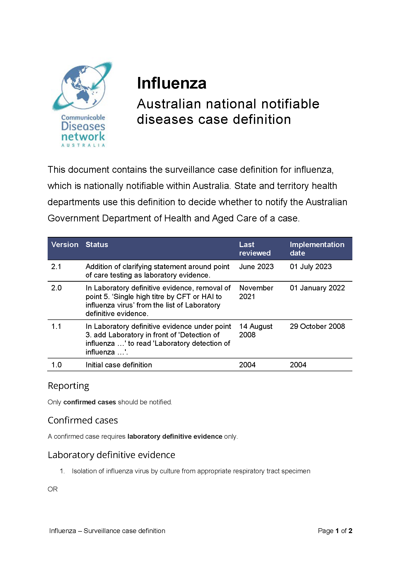 Influenza (laboratory confirmed) – Surveillance case definition