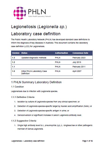 Legionellosis – Laboratory case definition