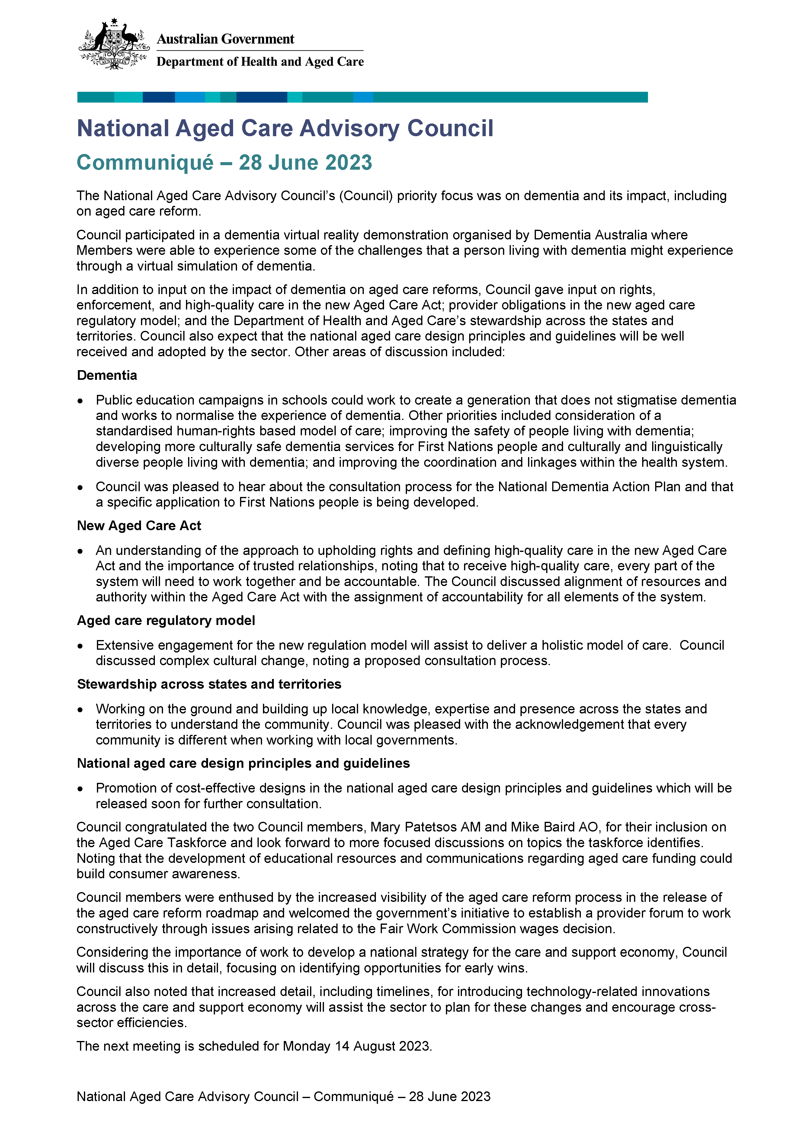 National Aged Care Advisory Council communique – June 2023