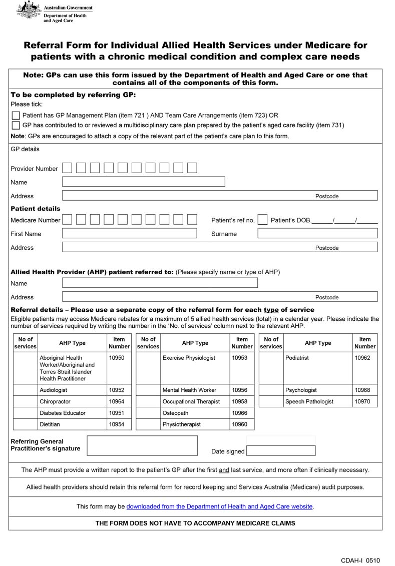 Referral form for chronic disease allied health services under Medicare