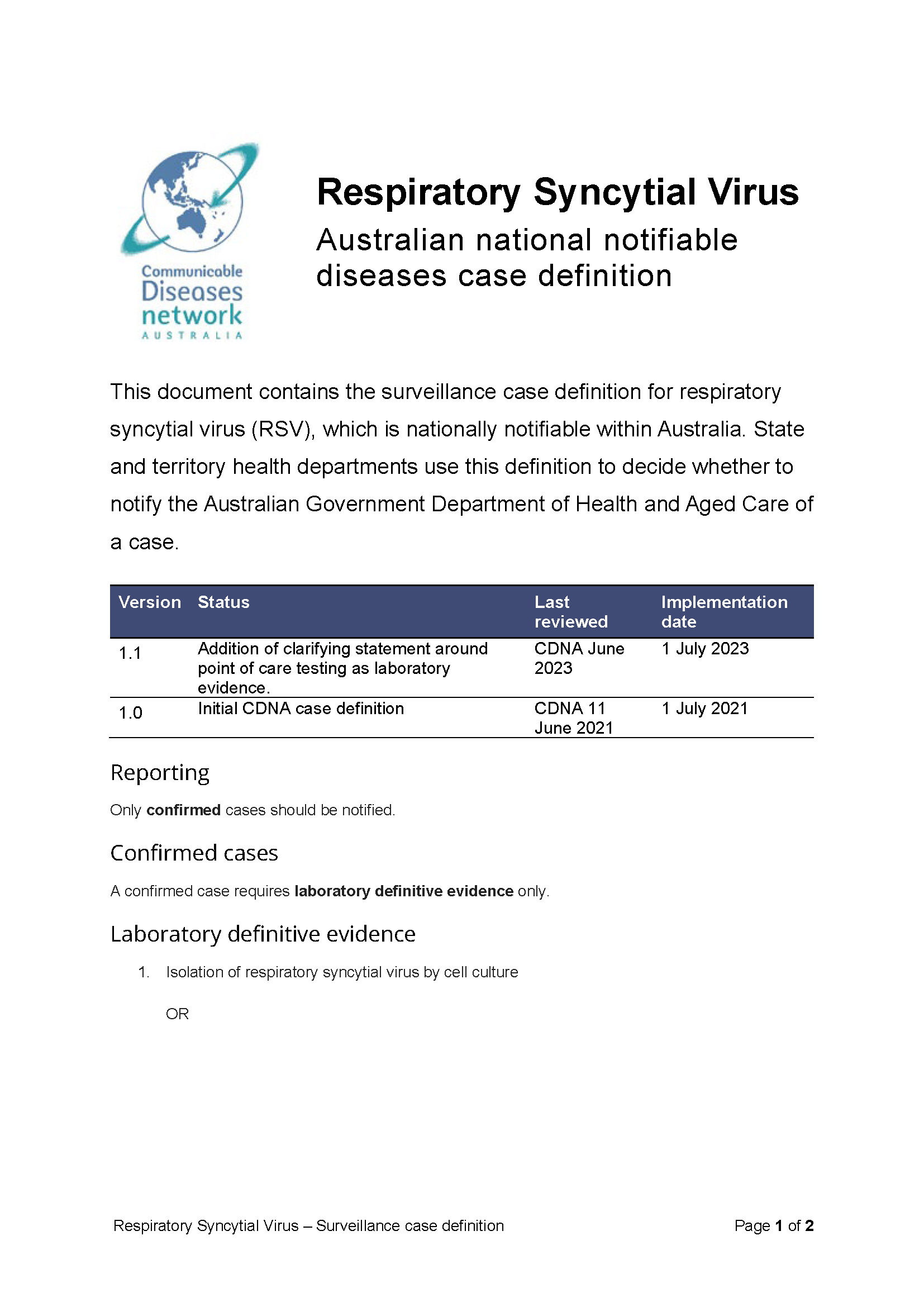 Respiratory syncytial virus – Surveillance case definition