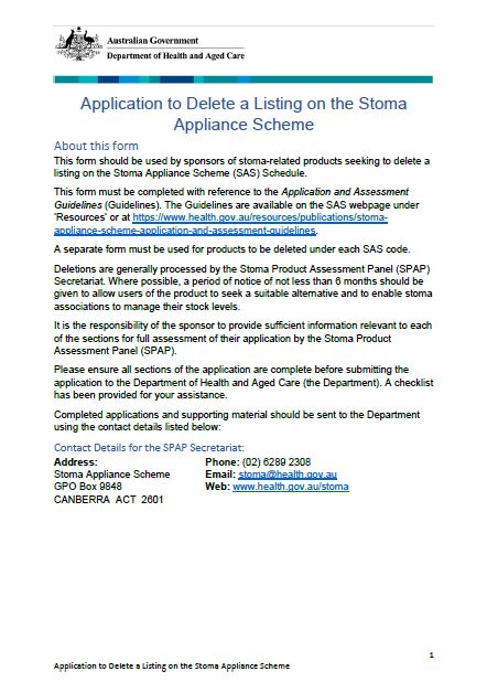 Stoma Appliance Scheme application to delete a listing on the schedule 