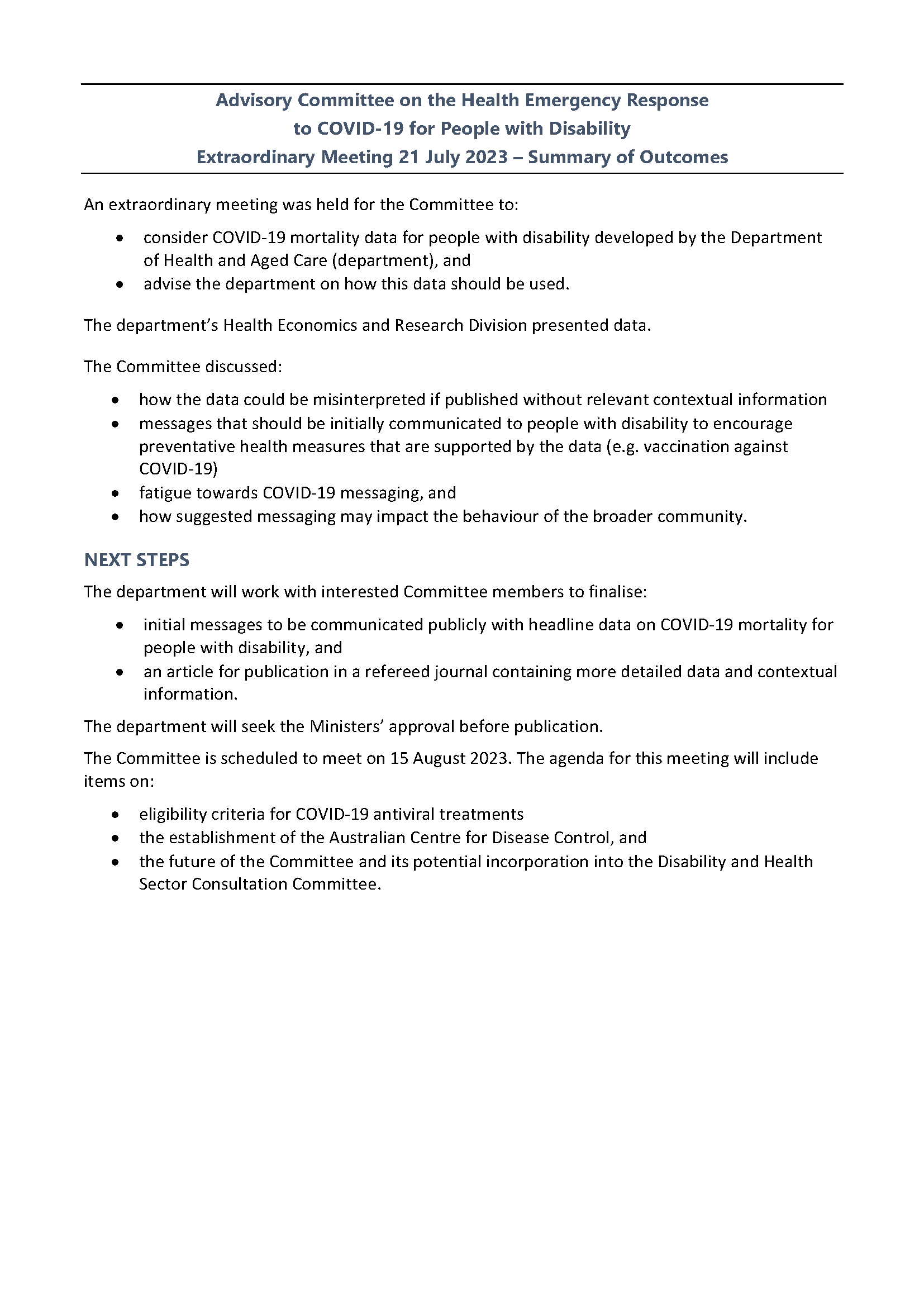 Advisory Committee for the COVID-19 Response for People with Disability – Summary of outcomes 21 July 2023