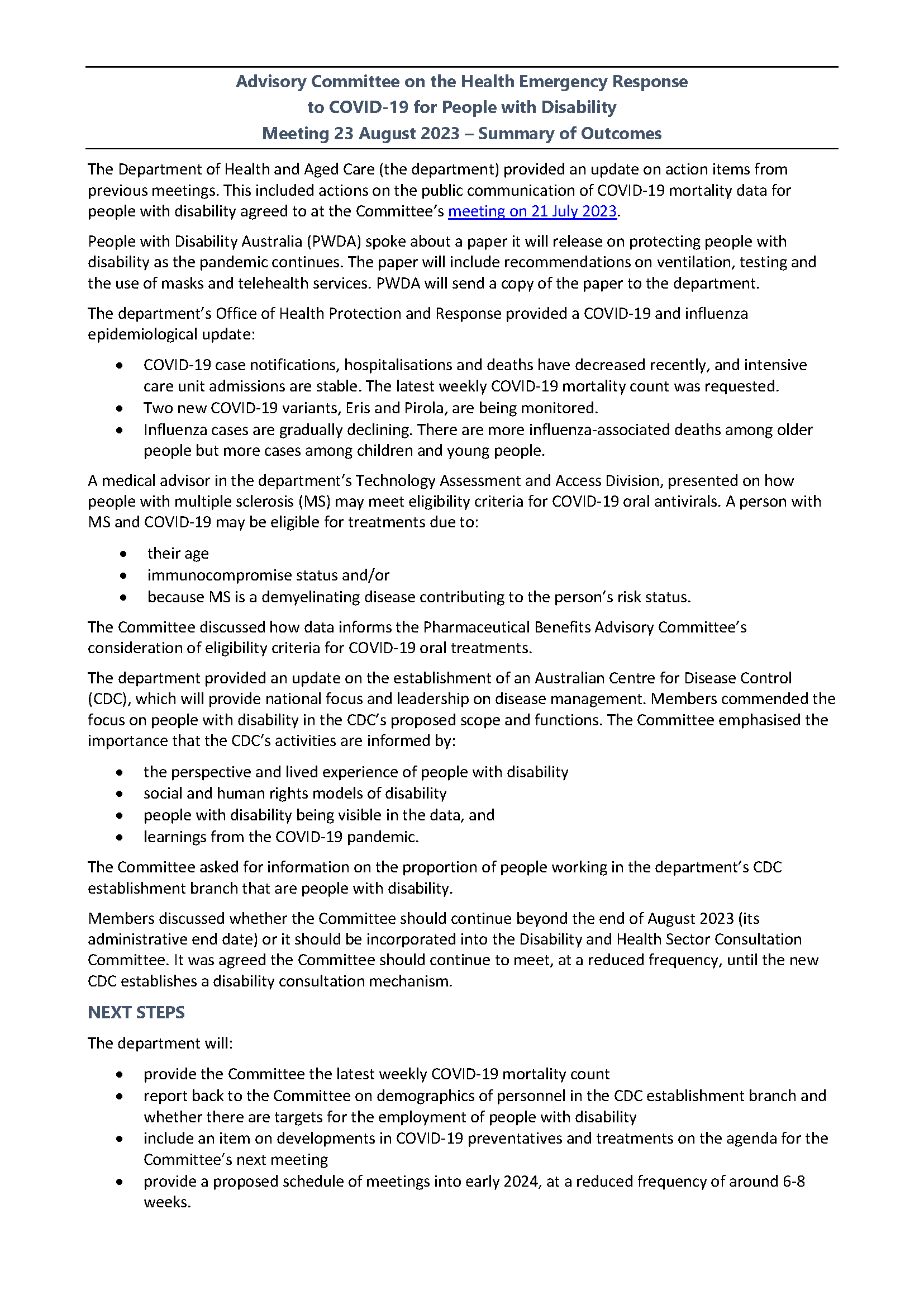 Advisory Committee for the COVID-19 Response for People with Disability – Summary of outcomes 23 August 2023