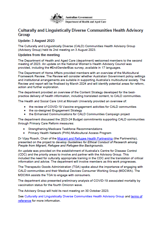 CALD COVID-19 Advisory Group communique – 3 August 2023