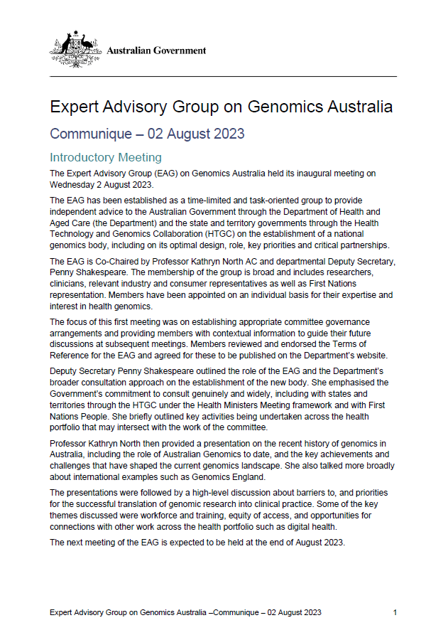 Expert Advisory Group on Genomics Australia communique – 2 August 2023