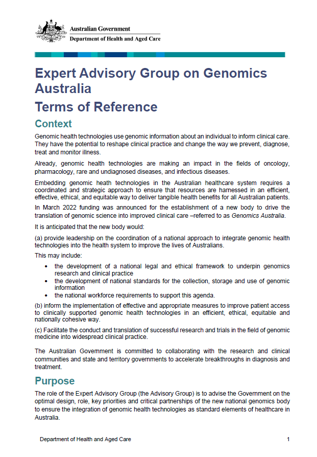Expert Advisory Group on Genomics Australia – Terms of Reference