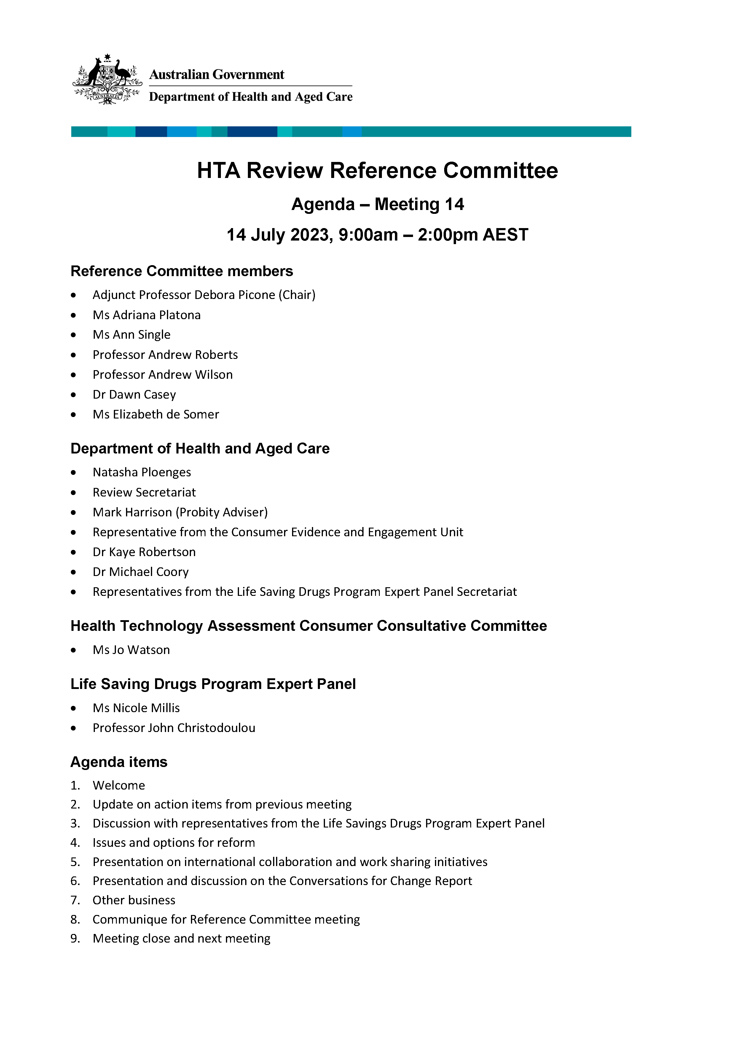 Health Technology Assessment Policy and Methods Review - Reference committee meeting agenda – 14 July 2023