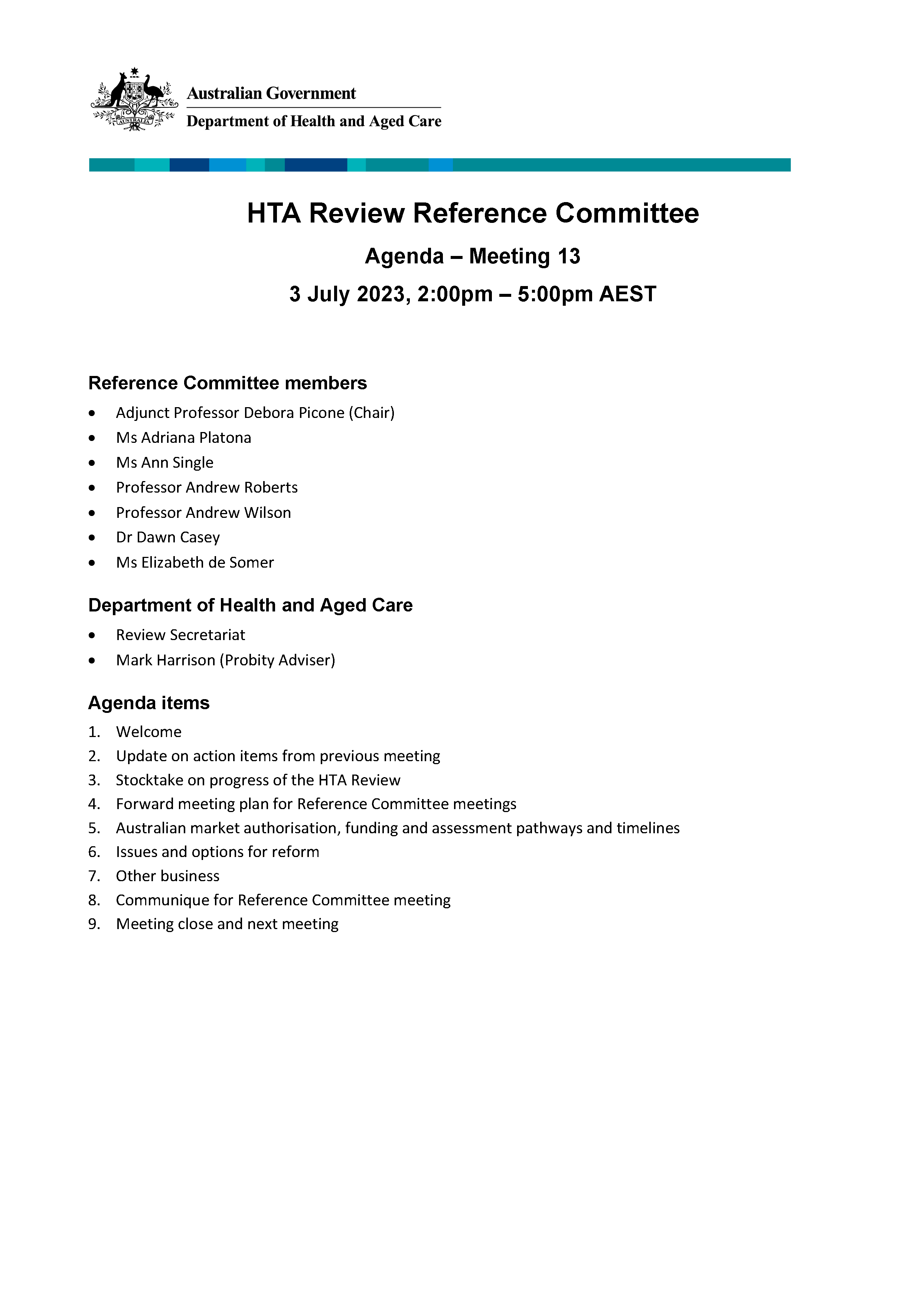 Health Technology Assessment Policy and Methods Review - Reference committee meeting agenda – 3 July 2023