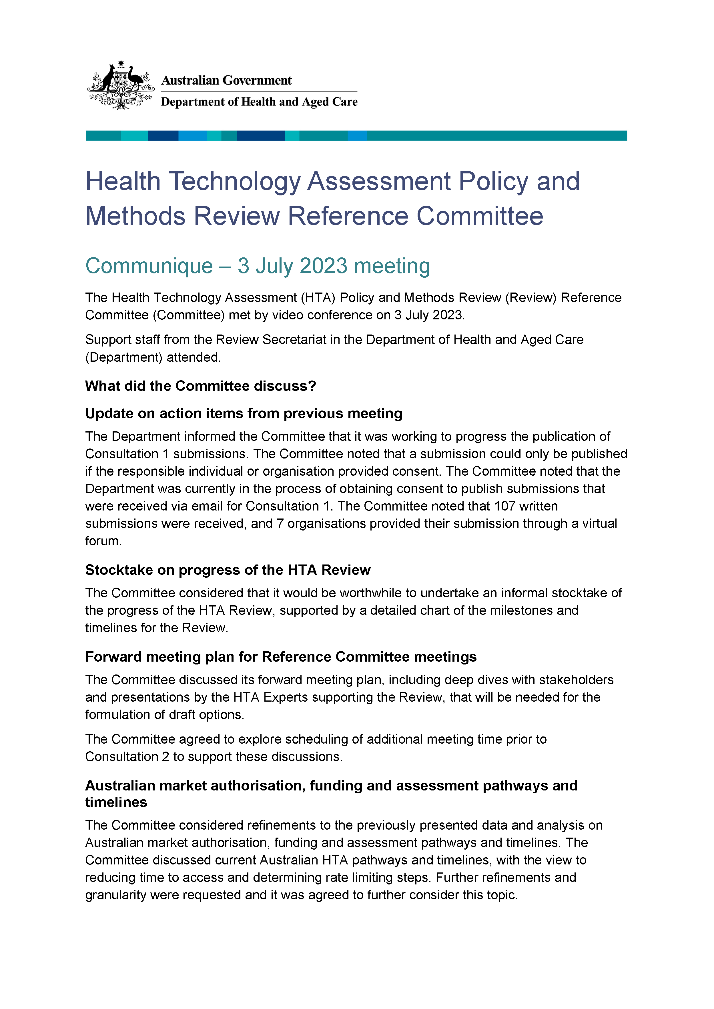 Health Technology Assessment Policy and Methods Review - Reference committee meeting communique – 3 July 2023