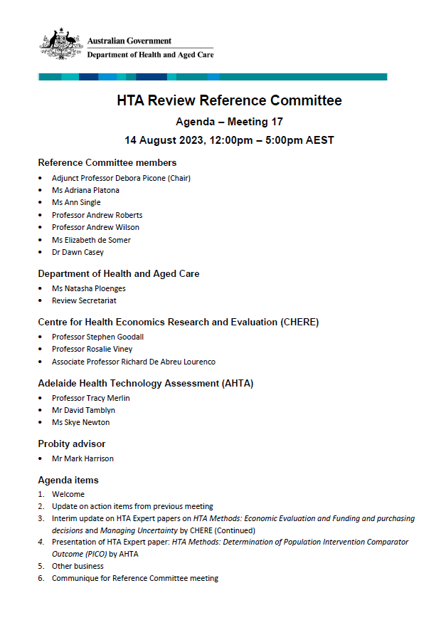 Health Technology Assessment Policy and Methods Review – Reference committee meeting agenda – 14 August 2023