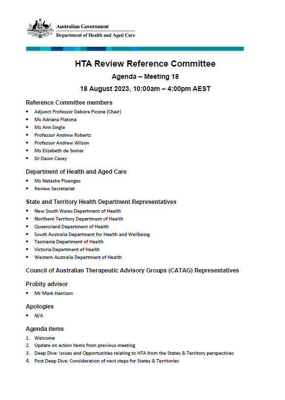 Health Technology Assessment Policy and Methods Review – Reference committee meeting agenda – 18 August 2023