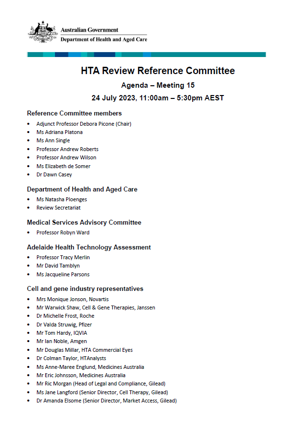 Health Technology Assessment Policy and Methods Review - Reference committee meeting agenda – 24 July 2023