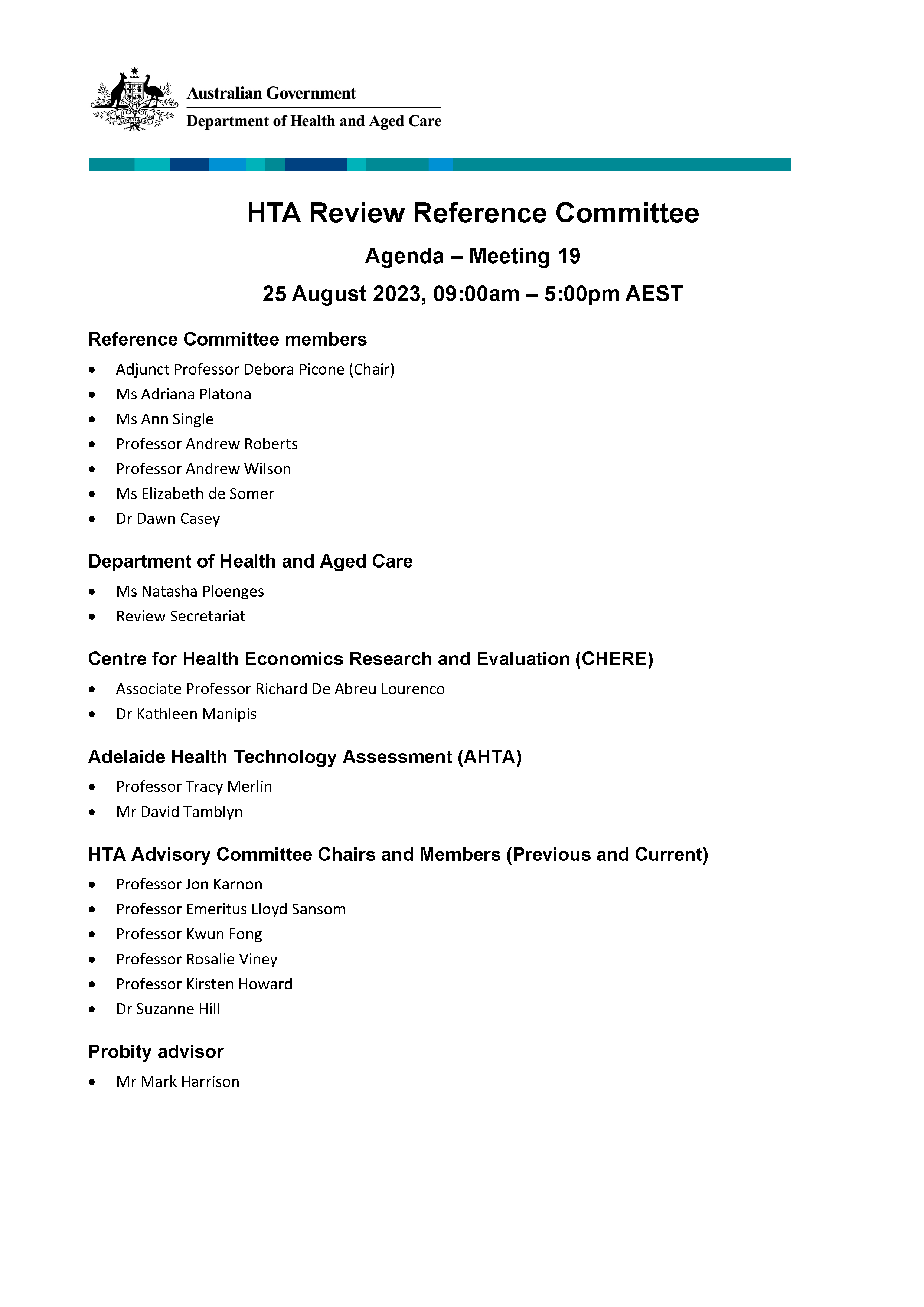 Health Technology Assessment Policy and Methods Review – Reference committee meeting agenda – 25 August 2023