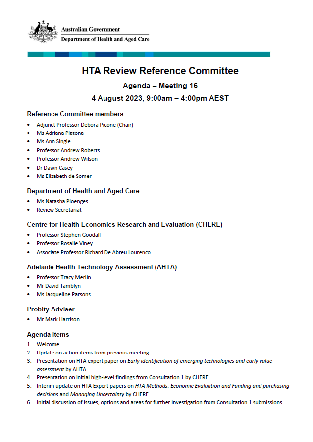 Health Technology Assessment Policy and Methods Review - Reference committee meeting agenda – 4 August 2023