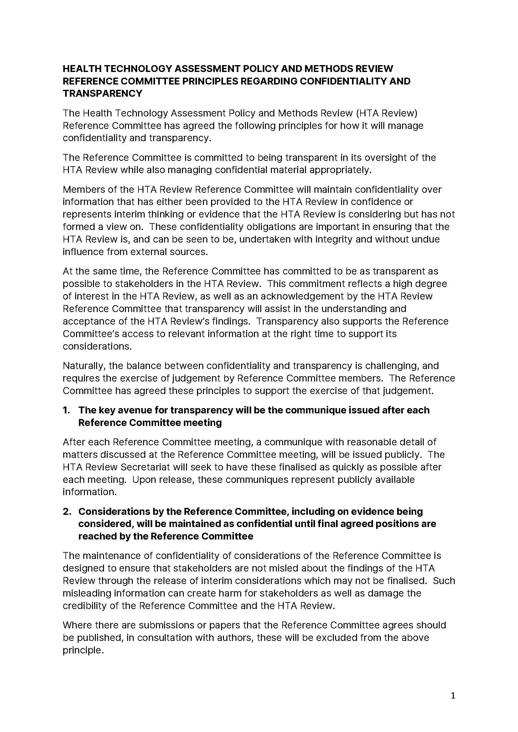 Reference Committee principles – Confidentiality and Transparency 
