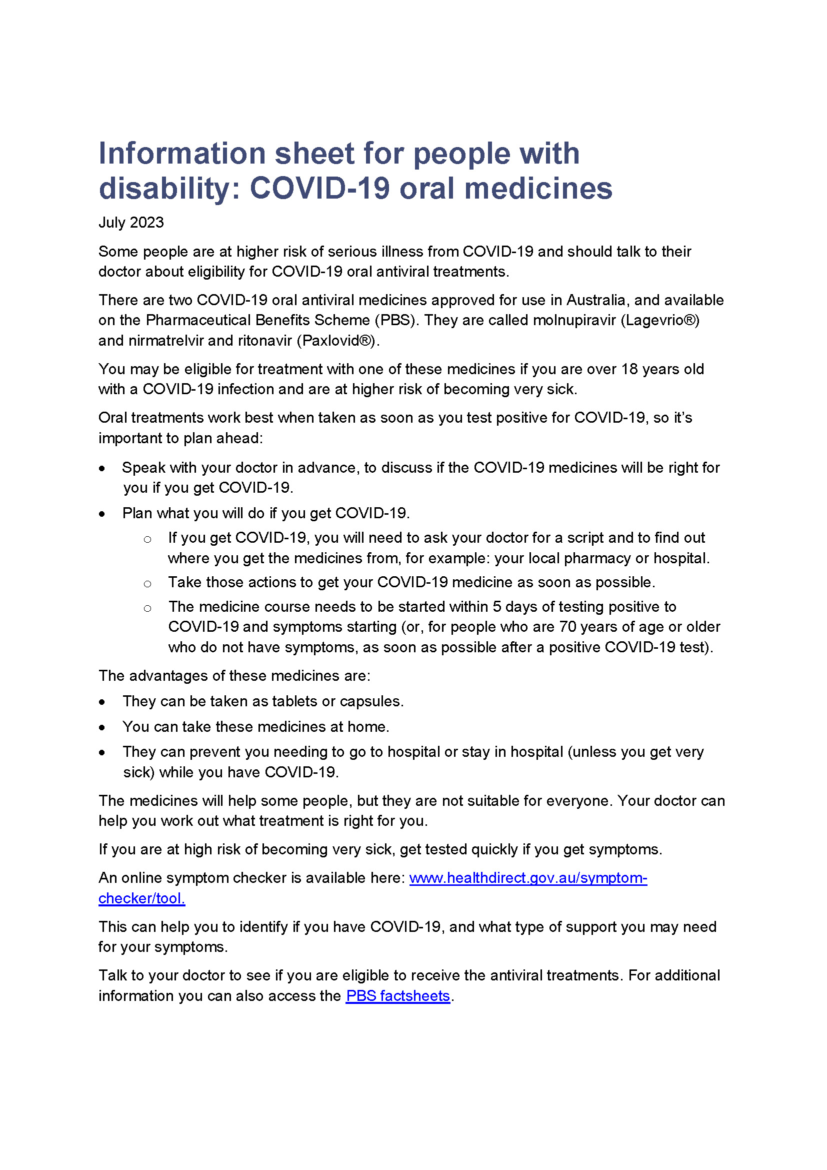 Information sheet for people with disability – COVID-19 oral medicines