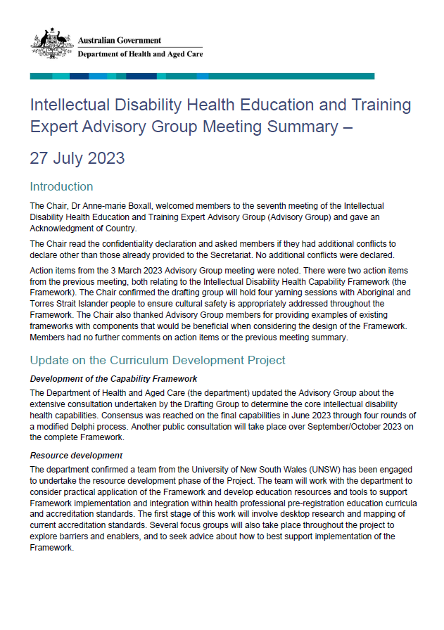 Intellectual Disability Health Education and Training Expert Advisory Group – Meeting summary – 27 July 2023