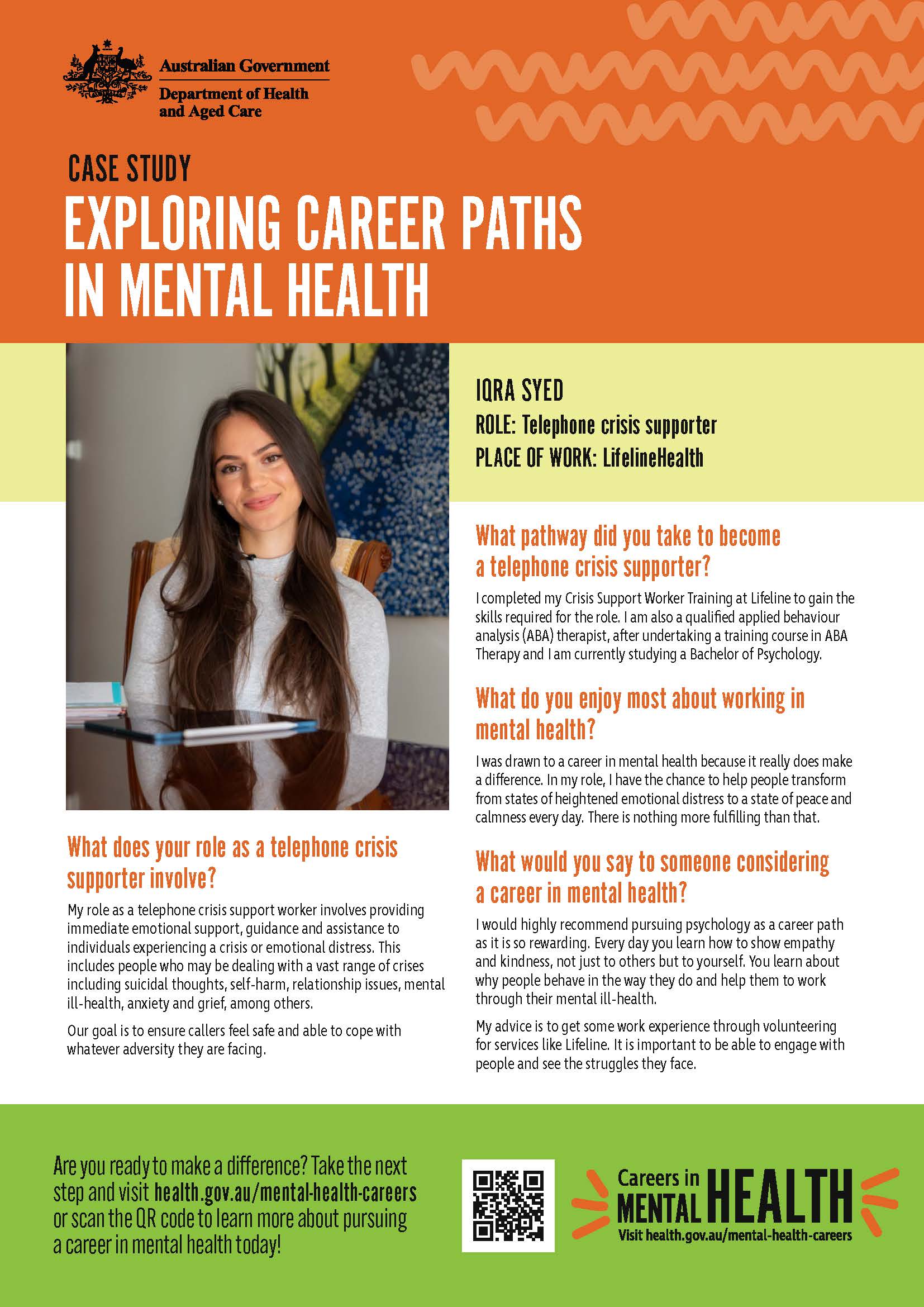 Mental health careers – Fact sheet – Applied Behaviour Analyst and Telephone Crisis Supporter Iqra Syed