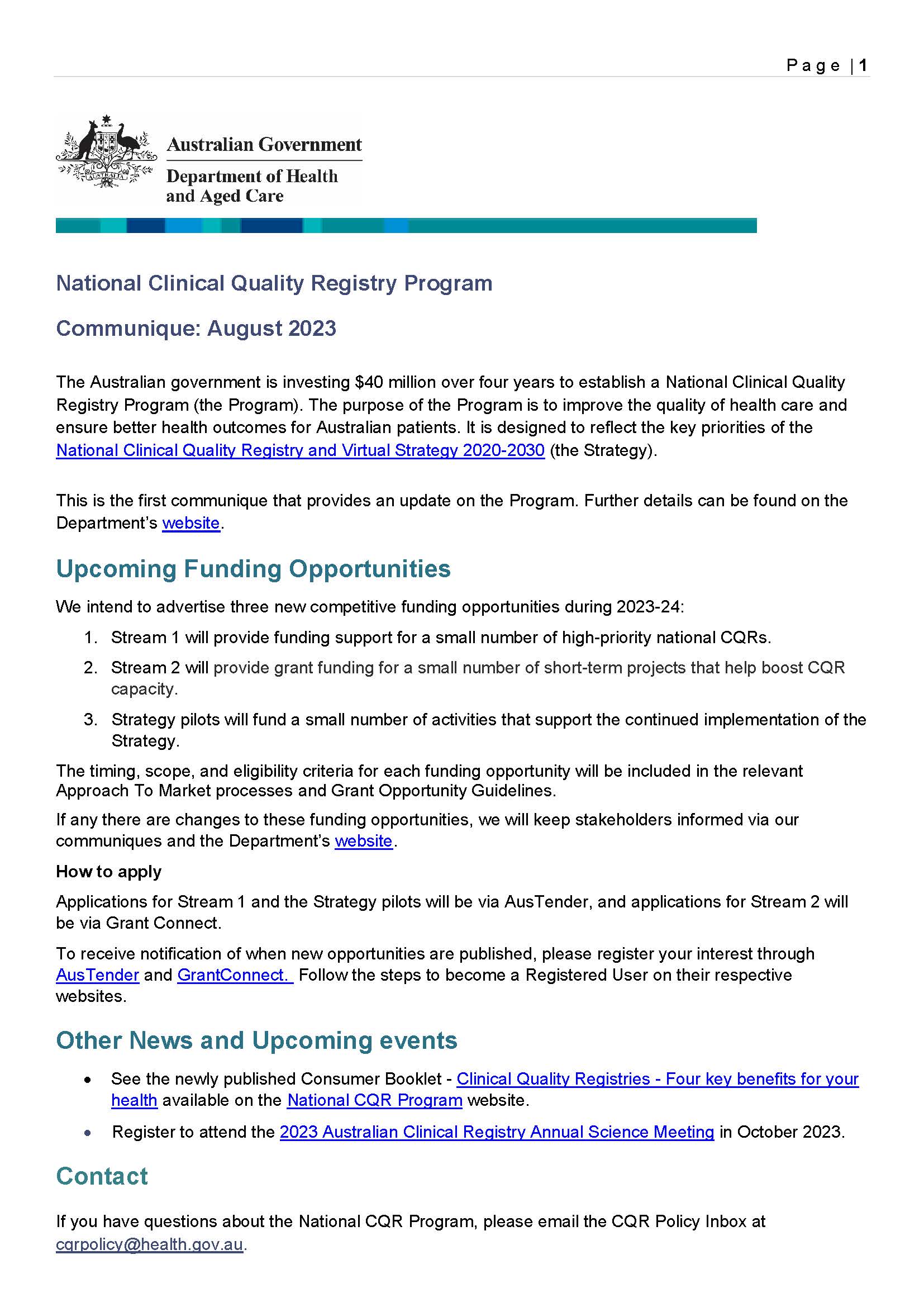 National Clinical Quality Registry Program – Communique, August 2023