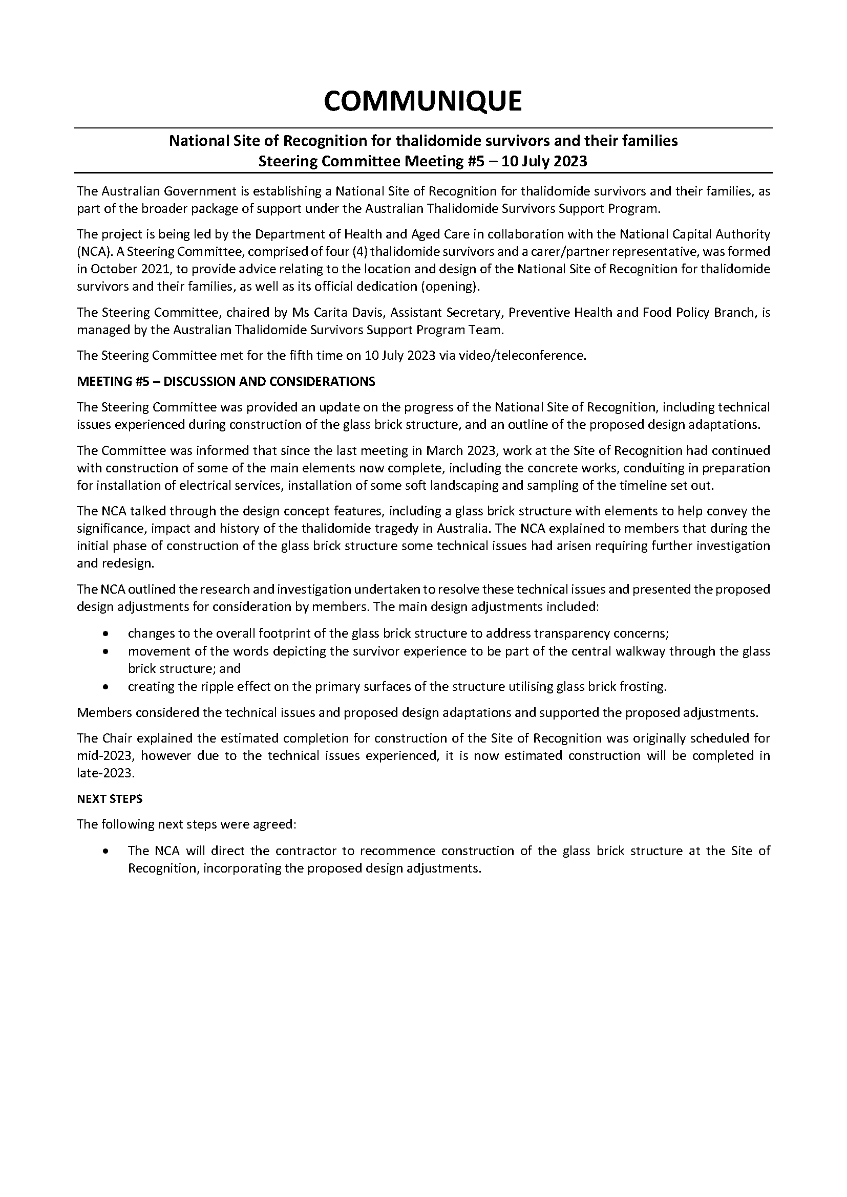 National Site of Recognition Steering Committee communique – 10 July 2023 