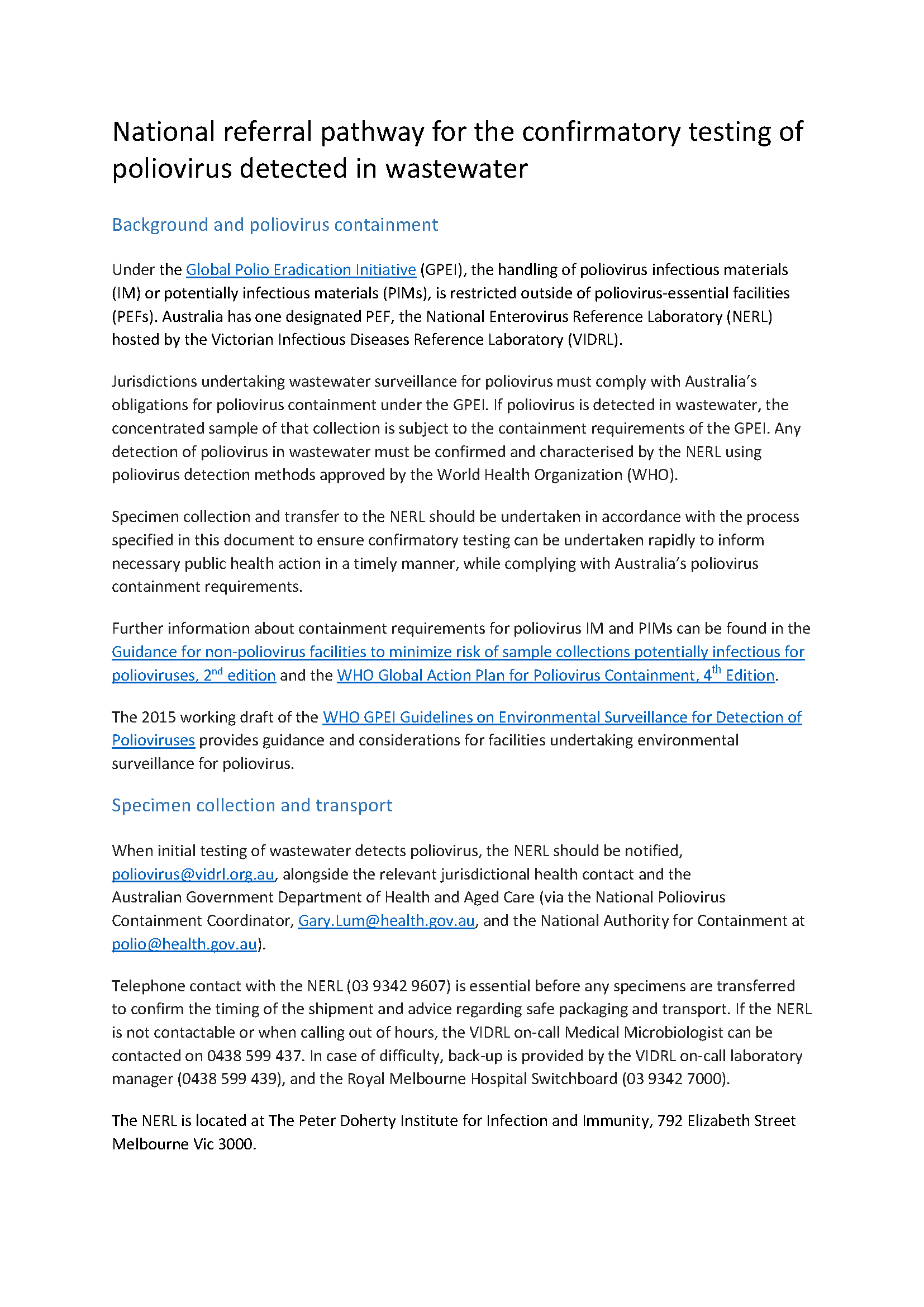 National referral pathway for the confirmatory testing of poliovirus detected in wastewater