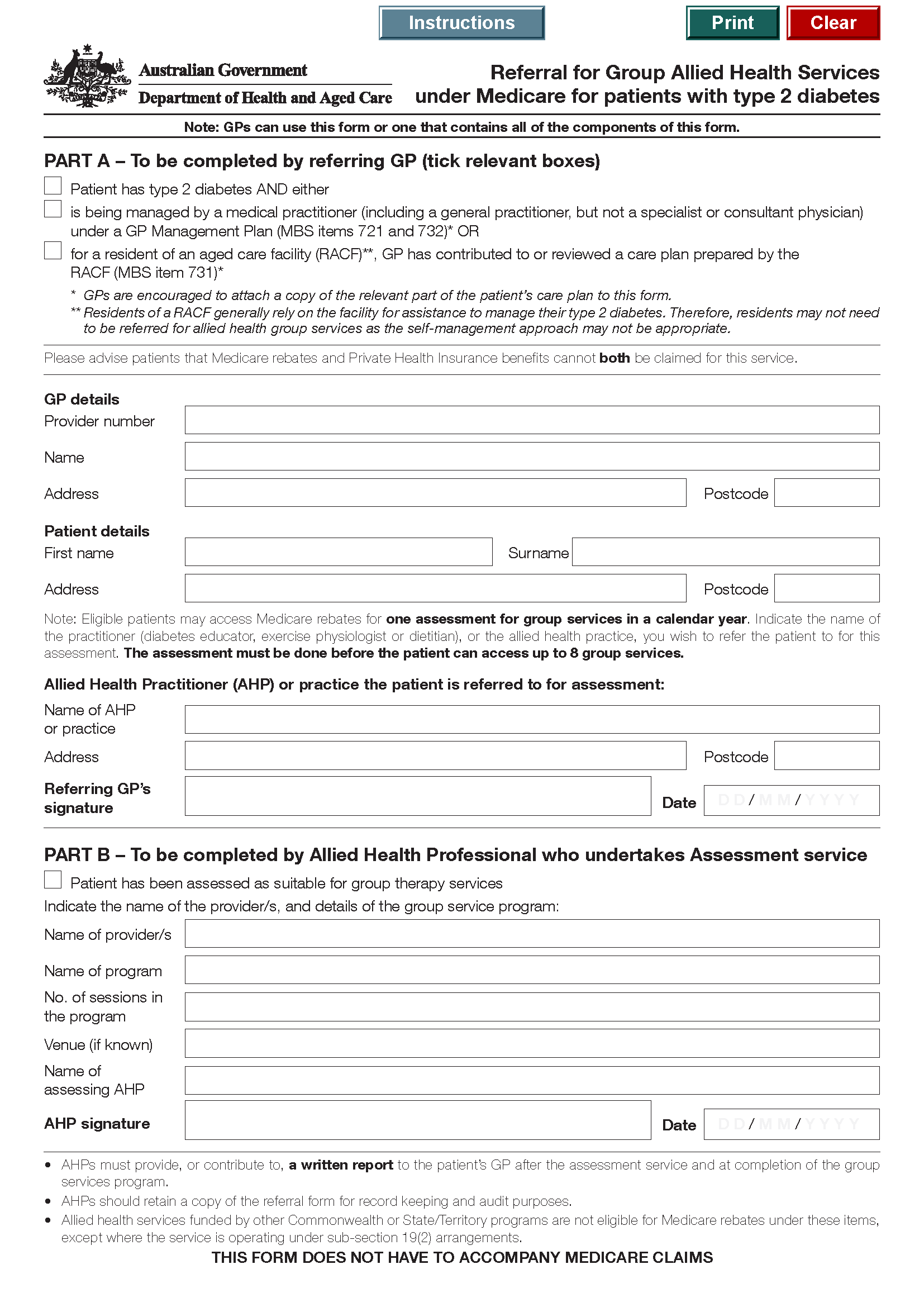 Referral form for group allied health services under Medicare for patients with type 2 diabetes