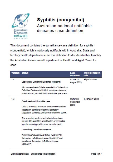 Syphilis (congenital) – Surveillance case definition