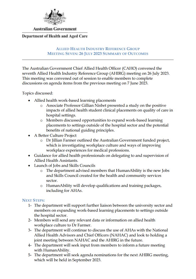 Allied Health Industry Reference Group Meeting 7 - Summary of Outcomes